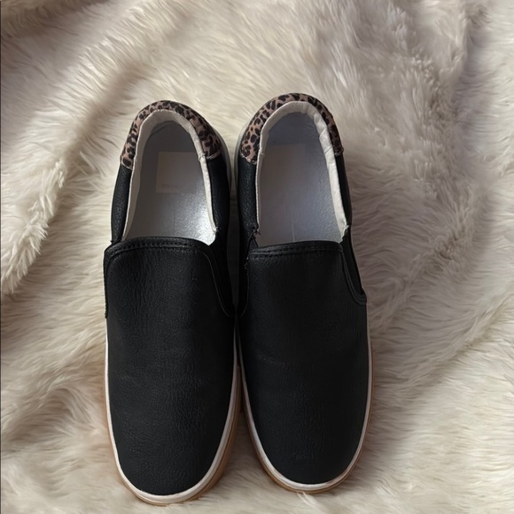 Black Slip-On Shoes with Leopard Trim